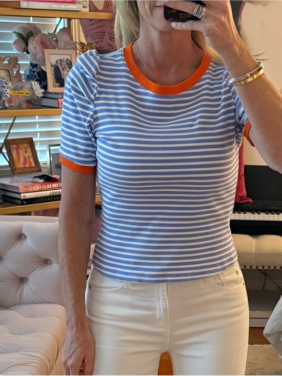 Maeve Tops - Maeve Blue & White Striped Short Sleeve Top with Orange Trim